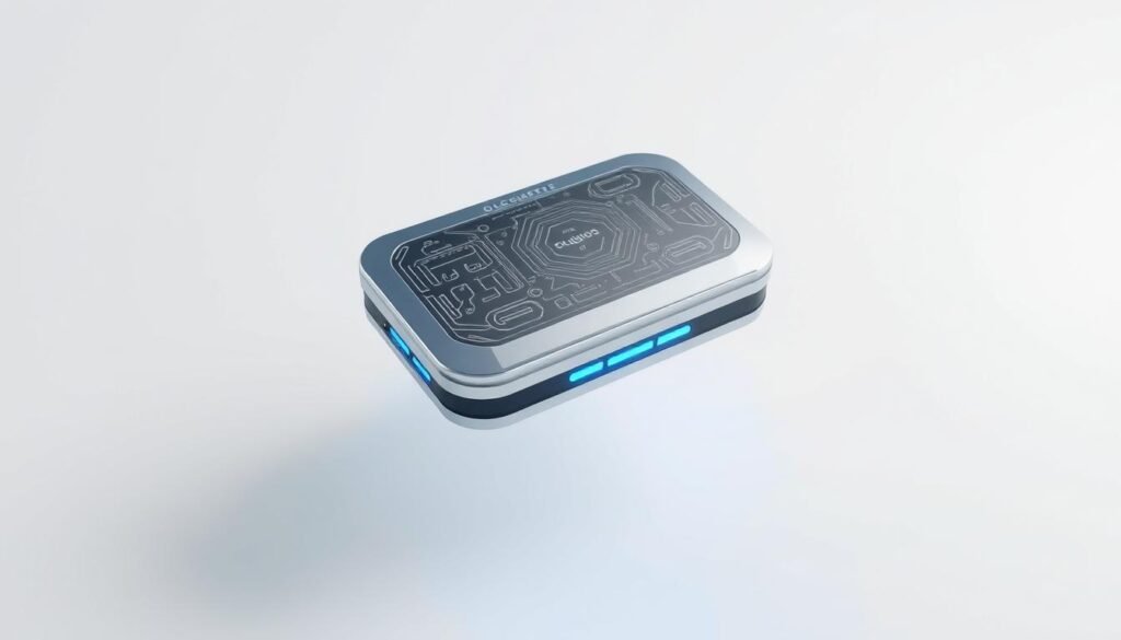 A sleek and futuristic device titled "Oligio X 原美電波技術優勢" hovers above a minimalist white background. The device's smooth, metallic surface reflects the studio lighting, evoking a sense of advanced technology. Intricate circuit patterns and glowing blue accents adorn the device, hinting at its sophisticated "Glowin Beaute" electronics. The composition is balanced, with the device positioned prominently in the center, allowing the viewer to focus on its unique design and engineering. An aura of innovation and youthful energy emanates from the image, perfectly capturing the essence of the "Oligio X 原美電波的獨特技術優勢".