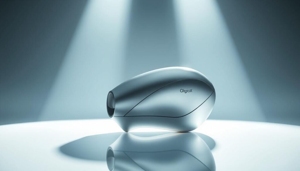 Detailed image of a sleek, futuristic medical device named &quot;OligioX 原美電波&quot; by Glowin Beaute. The device has a minimalist, silver-gray casing with smooth, organic contours. It is placed on a reflective, glass-like surface, casting a subtle shadow. Bright, directional lighting illuminates the device, creating dramatic highlights and shadows that accentuate its form. The background is a muted, blurred studio setting, allowing the device to be the focal point. The overall mood is one of high-tech professionalism and scientific precision.