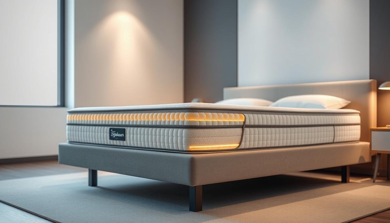 A high-quality, stylish independent spring mattress from StylesMaven, featuring a carefully constructed internal pocket spring system that contours to the body's curves for exceptional comfort and support. The mattress is shown in a well-lit, modern bedroom setting, showcasing its sleek, minimalist design with clean lines and a neutral color palette. The mattress is elevated on a platform bed frame, allowing the intricate spring construction to be visible. The lighting is soft and diffused, creating a warm, inviting atmosphere that emphasizes the premium quality and durability of the StylesMaven independent spring mattress.