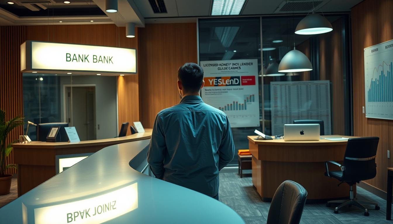 A modern office setting with a contrast between a bank and a licensed moneylender (YESLend). In the foreground, a person stands at a desk, deciding between loan options from the bank and the moneylender. The bank's counter is well-lit, with a professional, authoritative atmosphere. In contrast, the moneylender's desk has a warmer, more personalized feel, with a YESLend logo prominently displayed. In the background, financial charts and documents suggest the gravity of the decision. The lighting is a mix of natural and artificial, creating depth and a sense of contemplation. The overall mood is one of careful consideration, highlighting the importance of the choice between traditional banking and alternative lending.