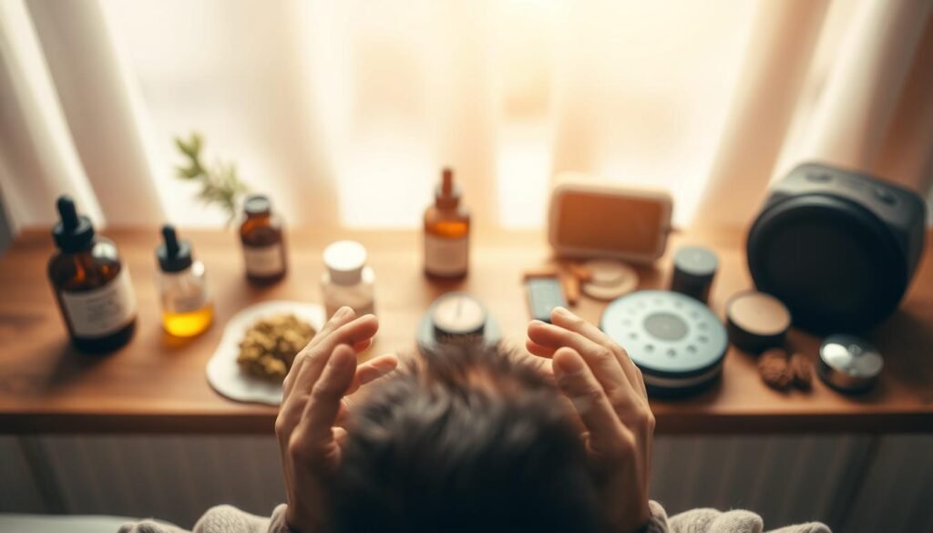A serene, minimalist scene depicting methods for treating tinnitus. In the foreground, a person's hands gently cupping their ears, conveying a sense of care and focus on the issue. The middle ground features various natural remedies such as herbal tinctures, relaxation techniques, and sound therapy devices. The background softly blurs into a calming, earthy-toned environment, suggesting a tranquil, holistic approach to managing this condition. Warm, diffused lighting creates a soothing, therapeutic atmosphere. Shot with a wide-angle lens to capture the full scope of the scene.