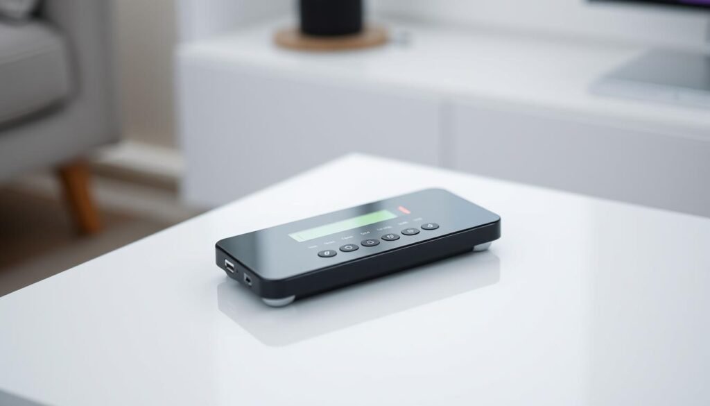 A sleek and modern wireless LED controller, the Aloha, rests on a minimalist white table. Its clean, rectangular design features a glossy black casing with subtle silver accents. The controller's front panel showcases an array of intuitive touch buttons and a vibrant OLED display, allowing for precise control of LED lighting parameters. Soft, diffused lighting from above illuminates the device, creating a serene and high-tech atmosphere. The controller is captured from a slightly elevated angle, emphasizing its streamlined aesthetic and highlighting its integration into a modern, well-designed living space.