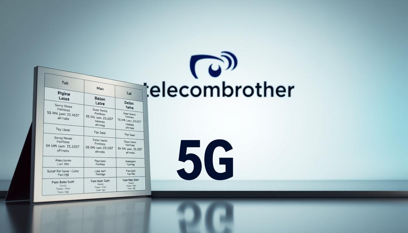 A detailed comparison of 5G plans, set against a modern, minimalist backdrop. The foreground features a sleek, metallic grid displaying key plan details, with clean, legible typography. The middle ground showcases the Telecombrother brand logo, rendered in a striking, high-contrast palette. The background maintains a subtle, soft-focus gradient, allowing the central elements to take center stage. The overall composition conveys a sense of technological sophistication and careful analysis, befitting the subject matter. Lighting is directional, casting gentle shadows to add depth and dimension. The camera angle is slightly elevated, providing an authoritative, informative perspective.