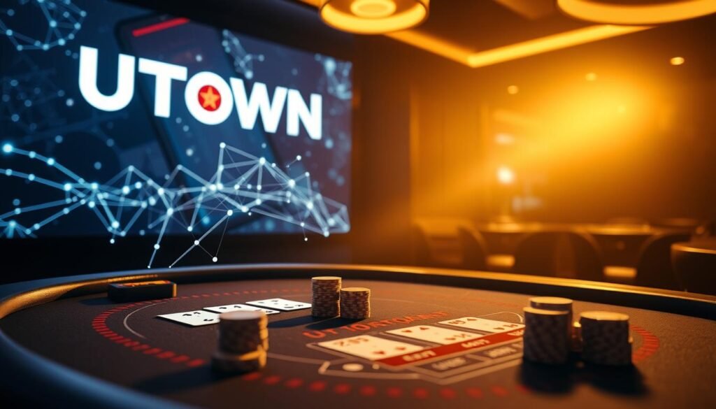 A detailed, dimly lit scene of a modern casino table with a digital display showcasing the UTown brand. On the table, digital chips and cards are arranged in a classic baccarat game setup, with a transparent overlay depicting a blockchain network visualization. The lighting casts a warm, golden glow, creating an atmospheric and immersive experience. The composition highlights the fusion of traditional casino elements with cutting-edge blockchain technology, conveying the sophisticated and innovative nature of the UTown blockchain-based baccarat game.
