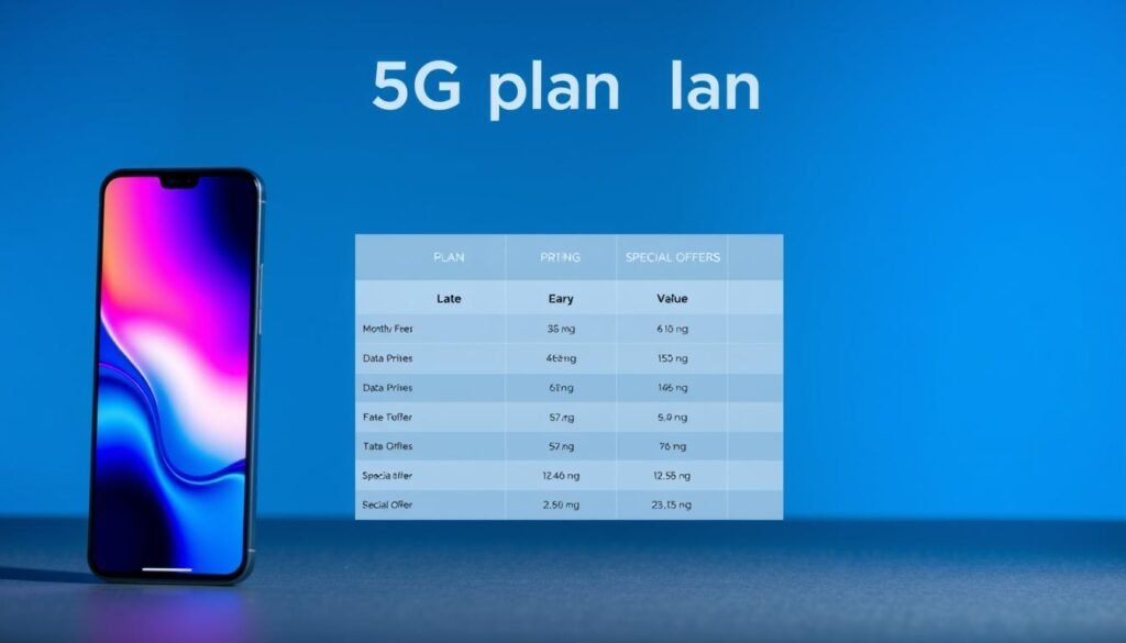 A detailed side-by-side comparison of 5G plan pricing and benefits from the leading telecom provider Telecombrother. In the foreground, sleek 5G smartphone devices showcasing crisp, vibrant displays. The middle ground features a clean, minimalist table layout highlighting plan details like monthly fees, data allowances, and special offers. The background has a subtle gradient of blues and grays, conveying a sense of modernity and innovation. The lighting is balanced, with soft shadows accentuating the product designs. The camera angle is slightly elevated, giving an authoritative, informative perspective on the 5G plan comparison.