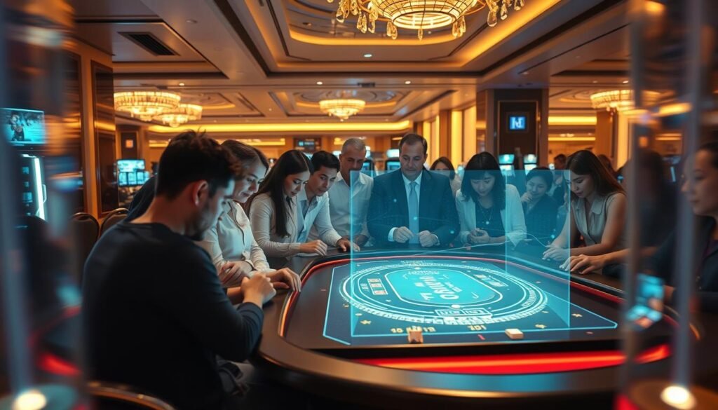 A group of people gathered around a UTown casino table, intently focused on the blockchain-powered baccarat game unfolding before them. The players' faces are lit by the warm glow of the table's holographic display, showcasing the transparency and fairness of the decentralized gameplay. The scene is captured with a wide-angle lens, placing the players in the foreground while the casino's sleek, modern interior forms the backdrop. The atmosphere is one of anticipation and excitement, as the players witness the power of blockchain technology transforming the traditional casino experience.