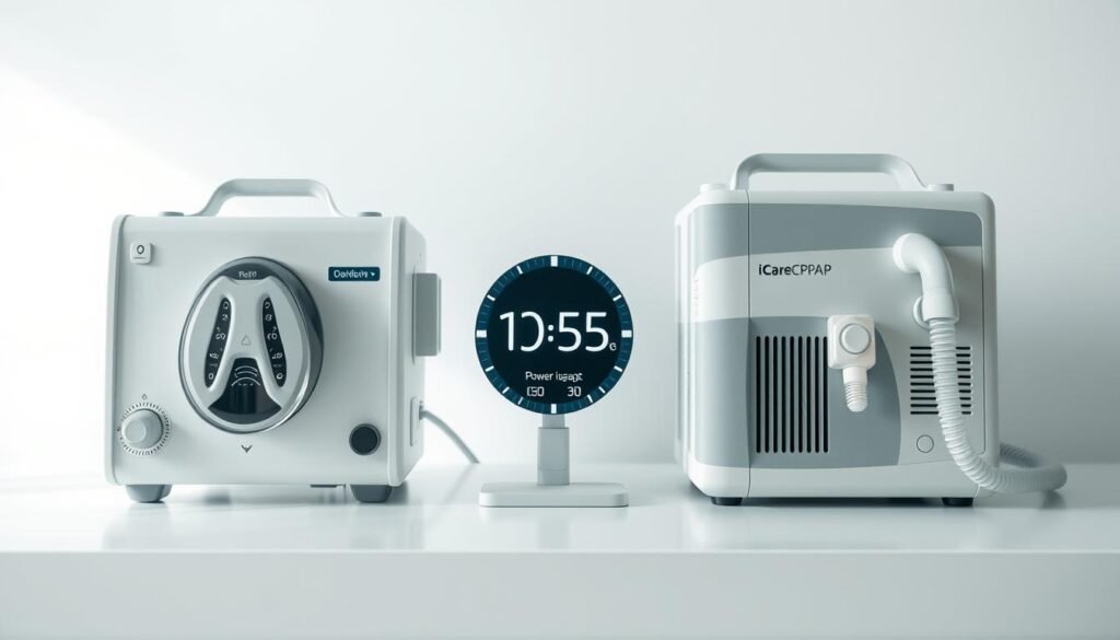 A high-resolution, highly detailed, and photorealistic image of an energy consumption comparison between a medical-grade respiratory machine and a consumer sleep apnea CPAP machine. The scene depicts the two devices side-by-side on a clean, minimalist desk, with a power meter or energy consumption display prominently featured between them, showcasing the energy usage differences. The lighting is soft and natural, creating a clean, clinical atmosphere. The image is shot from a slightly elevated angle, allowing the viewer to clearly see the details of the devices and the power consumption data. The brand name "iCareCPAP" is clearly visible on the sleep apnea CPAP machine.