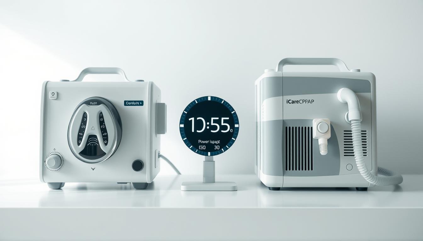 A high-resolution, highly detailed, and photorealistic image of an energy consumption comparison between a medical-grade respiratory machine and a consumer sleep apnea CPAP machine. The scene depicts the two devices side-by-side on a clean, minimalist desk, with a power meter or energy consumption display prominently featured between them, showcasing the energy usage differences. The lighting is soft and natural, creating a clean, clinical atmosphere. The image is shot from a slightly elevated angle, allowing the viewer to clearly see the details of the devices and the power consumption data. The brand name "iCareCPAP" is clearly visible on the sleep apnea CPAP machine.