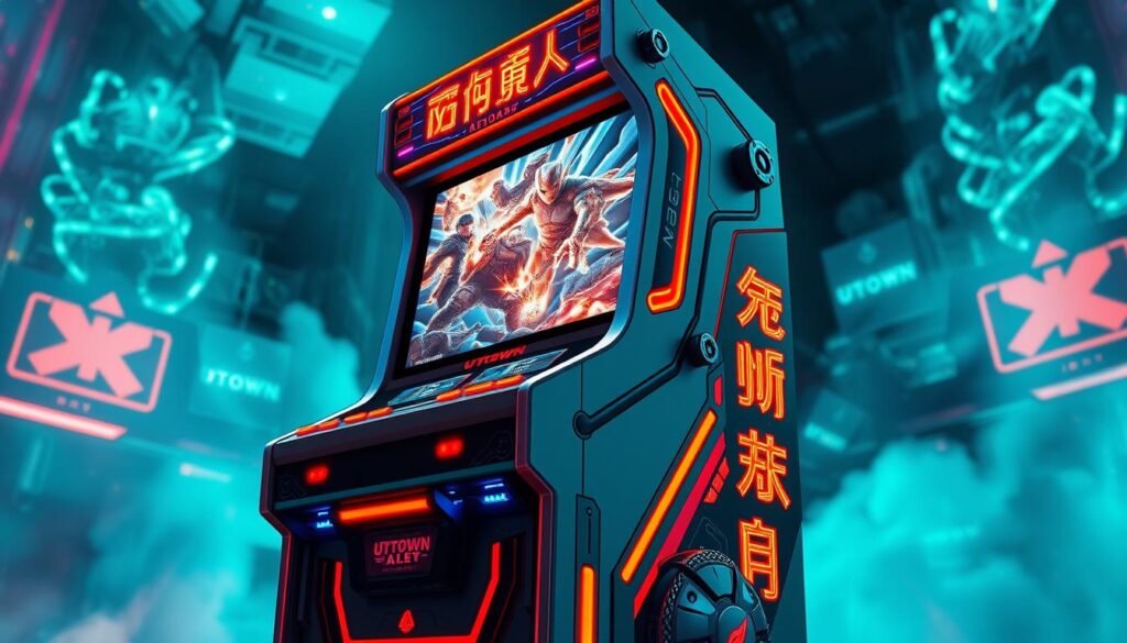 A high-tech arcade cabinet stands prominently, its sleek UTown branding emblazoned on the side. The screen displays a dynamic game world, filled with thunderous visuals and symbols of power. Twinkling lights and intricate machinery suggest a complex system monitoring the game's state, ready to trigger rewarding gameplay moments. The cabinet's design evokes a sense of anticipation, hinting at the strategic opportunities within the game to maximize the chances of entering a lucrative bonus round. Vibrant colors, dramatic lighting, and a touch of futurism create an immersive atmosphere, inviting the player to dive into the electrifying experience of "雷神之錘".