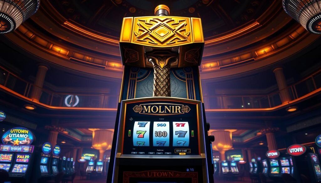 A majestic, towering slot machine depicting the mighty Thor's Hammer, Mjolnir, standing before a grand UTown casino backdrop. The hammer's intricate golden detailing shimmers under dramatic lighting, conveying a sense of power and divine intervention. In the foreground, the machine's classic retro-style reels and interface invite the player to test their luck, while the background showcases the opulent grandeur of the casino setting, hinting at the potential for big winnings. The overall scene exudes a mystical, awe-inspiring atmosphere, capturing the essence of the "Thor's Hammer" slot game experience within the UTown entertainment complex.