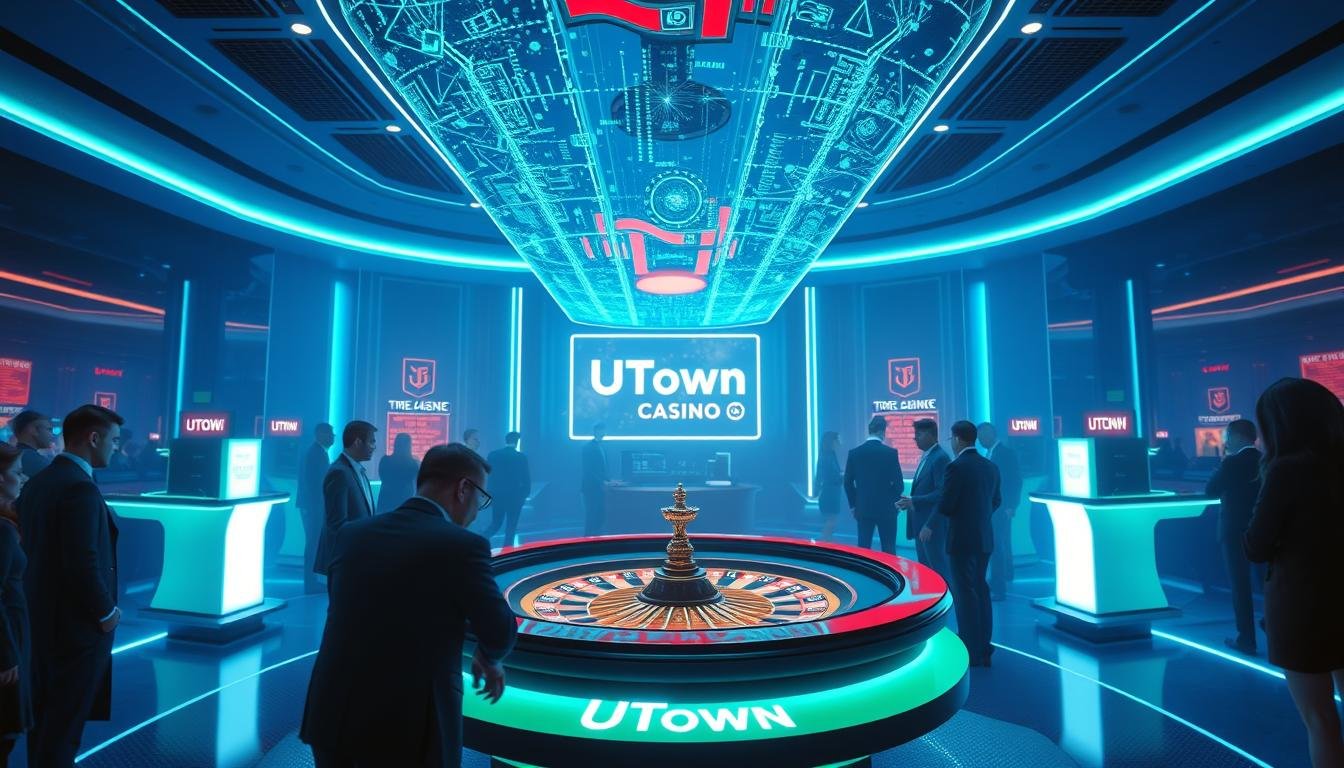 A modern, neon-lit casino interior with a central gaming table featuring a blockchain-powered roulette game. The table is surrounded by stylishly dressed players, their faces obscured by the ambient lighting. The room is bathed in a cool, blue-hued color scheme, creating a sleek, futuristic atmosphere. Overhead, a large holographic display showcases the decentralized, transparent nature of the game. The UTown logo is prominently displayed on the table's surface, indicating this is a unique, blockchain-based casino experience.