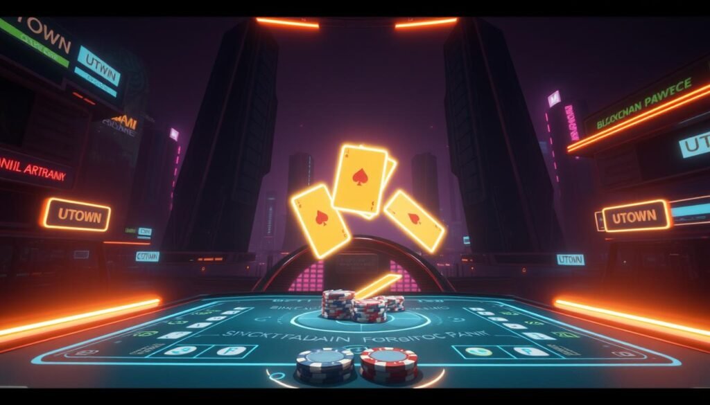 A sprawling blockchain-powered casino table game set in a futuristic, neon-lit UTown. Glowing holographic cards and chips float above a sleek, minimalist interface. Towering, angular buildings loom in the background, casting dramatic shadows. Dramatic backlighting illuminates the scene, creating a moody, cyberpunk atmosphere. Players interact with the game via gesture-based controls, immersed in the decentralized, provably fair gameplay.