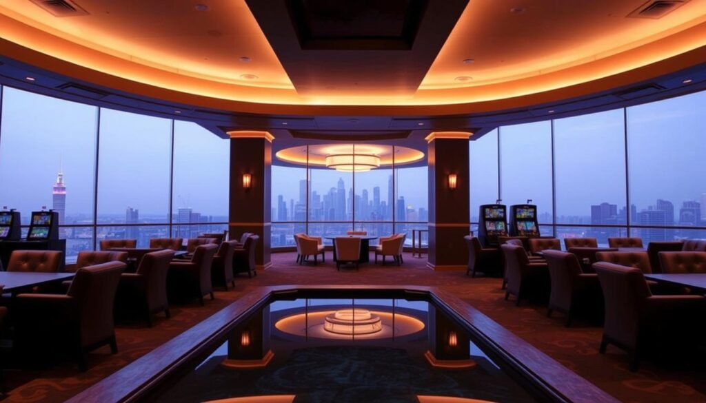 A tranquil, elegantly designed UTown casino interior with a focus on responsible gambling. Warm lighting illuminates a sleek, minimalist layout with plush leather chairs and subtle geometric patterns. In the foreground, a serene water feature reflects the scene, evoking a sense of balance and moderation. The background showcases a panoramic city skyline, hinting at the broader context of the gambling industry. An atmosphere of sophistication and social responsibility pervades the space, guiding visitors towards a mindful, controlled gaming experience.
