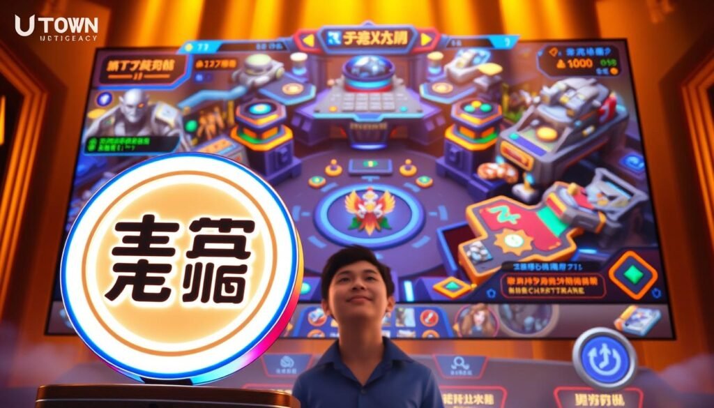 A vibrant and captivating scene showcasing the "免費試玩模式" experience. In the foreground, a large UTown logo dominates the frame, its sleek and modern design radiating a sense of excitement and opportunity. Behind it, a dynamic game interface unfolds, with colorful icons, glowing buttons, and a visually striking level layout that draws the viewer in. The middle ground features a player avatar, their expression one of anticipation and wonder as they navigate the free trial environment. The background is bathed in a warm, golden lighting that creates a welcoming and inviting atmosphere, hinting at the potential rewards and thrills that await within the game. The overall composition conveys a sense of accessibility, adventure, and the thrill of discovering new gaming experiences.