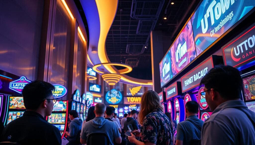 A vibrant gaming scene unfolds within the neon-lit walls of UTown Entertainment City. Against a backdrop of sleek, modern architecture, PTT players share their betting insights, their faces illuminated by the glow of electronic displays showcasing a variety of games - from the dazzling graphics of PG slots to the high-stakes drama of live dealer baccarat. The atmosphere is one of focused intensity, as patrons lean in, studying the odds and strategizing their next moves, determined to outsmart the house. Overhead, a carefully calibrated lighting system casts a warm, inviting glow, creating an immersive, cinematic experience that draws the viewer into the heart of this digital casino world.