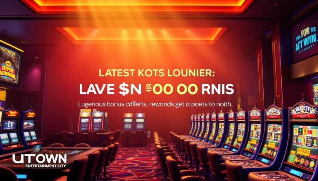 Detailed scene of the latest promotional campaign at UTown Entertainment City. A vibrant, richly colored backdrop showcases the casino's gaming tables and machines, with a strong emphasis on the lucrative bonus offers and rewards system. Sleek, modern design elements evoke a sense of luxury and excitement. Atmospheric lighting casts a warm, inviting glow, drawing the viewer's attention to the enticing promotions. The composition balances dynamic energy with a polished, professional aesthetic suitable for highlighting the casino's top-tier services and player incentives.