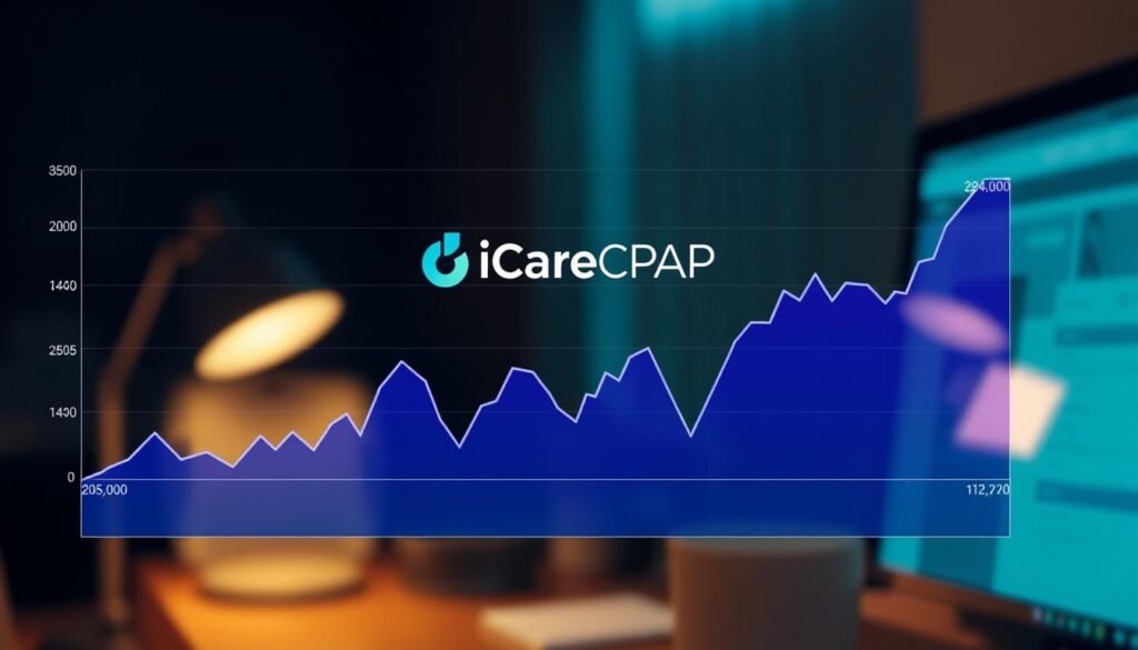 A detailed chart displaying the fluctuating prices of iCareCPAP respiratory machines over time. The chart is set against a backdrop of a dimly lit office, with the soft glow of a computer screen illuminating the scene. The foreground showcases the price line graph, rendered in shades of blue and purple, with precise numerical values indicating the volatility of the market. The middle ground features a stylized iCareCPAP logo, emphasizing the brand's presence. The background subtly blurs, creating a sense of depth and focus on the central chart. The overall atmosphere conveys a sense of analytical evaluation, reflecting the subject matter of respiratory machine price dynamics.