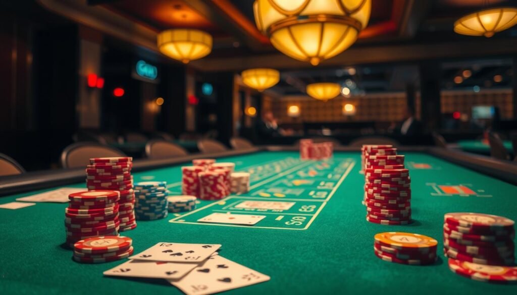 A dimly lit casino table, the green felt surface illuminated by the warm glow of overhead lamps. Stacks of colorful chips and playing cards are arranged with precision, reflecting the evolution of baccarat rules over time. In the background, a sense of mystery and sophistication, hinting at the game's storied history. The camera angle is slightly elevated, capturing the table's layout and the subtle details that define the modern baccarat experience. The overall mood is one of contemplation, inviting the viewer to explore the nuances of this classic card game and its transformative journey.