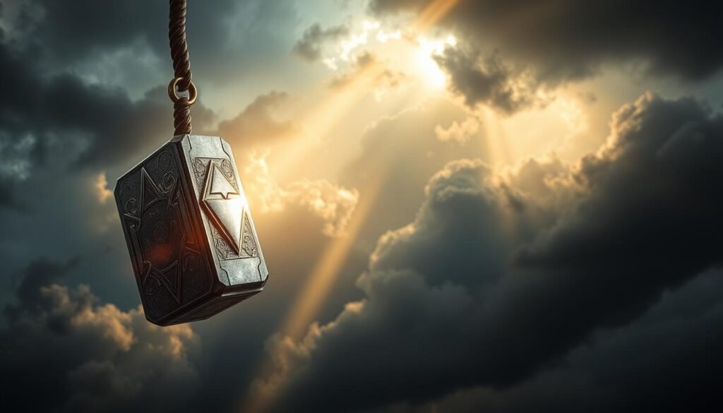 A dramatic scene of Thor's hammer Mjolnir, the legendary weapon of the Norse god of thunder, against a backdrop of ominous storm clouds. The hammer is suspended in mid-air, its intricate detailing and metallic sheen meticulously rendered. Shafts of golden light pierce through the turbulent skies, casting dramatic shadows and highlights on the hammer's surface. In the distance, the UTown logo looms, hinting at the article's subject matter. An atmosphere of power, mystery, and potential pitfalls surrounds the iconic weapon, setting the stage for the exploration of common mistakes in wielding Thor's Mjolnir.