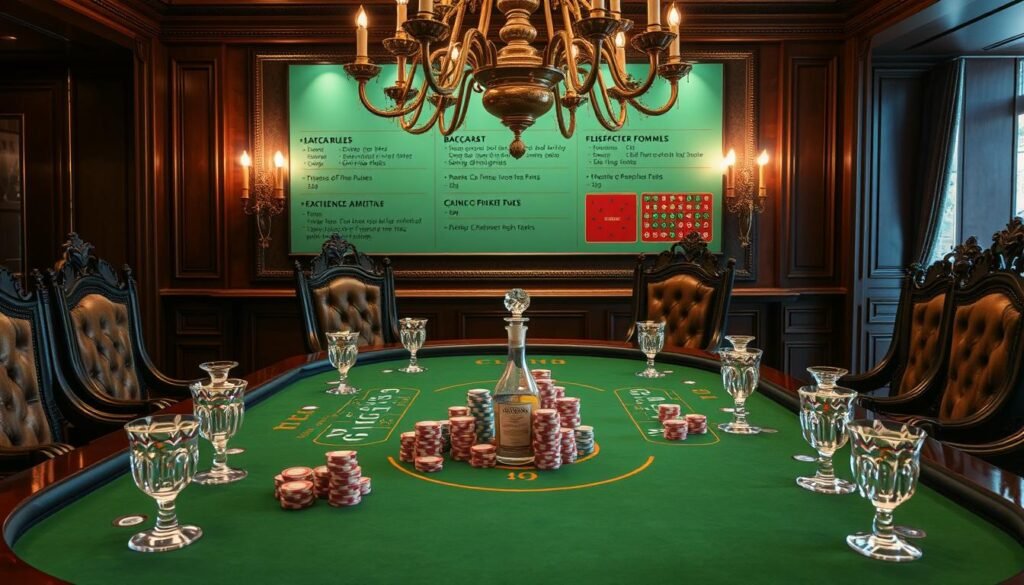 A grand, opulent table with a green felt surface, surrounded by ornate, high-backed chairs. The table is adorned with an array of casino chips in various denominations, arranged in neat piles. Elegant crystal decanters and glasses sit at the ready, casting a warm, inviting glow. The scene is illuminated by a grand, multi-armed chandelier, its soft light reflecting off the polished wood and gleaming surfaces. In the background, a wall-mounted display showcases the rules and mechanics of the classic casino game, Baccarat, creating an atmosphere of tradition and expertise. The overall ambiance evokes a sense of refined sophistication, perfectly suited for an educational article on the evolution of Baccarat and modern online gaming.