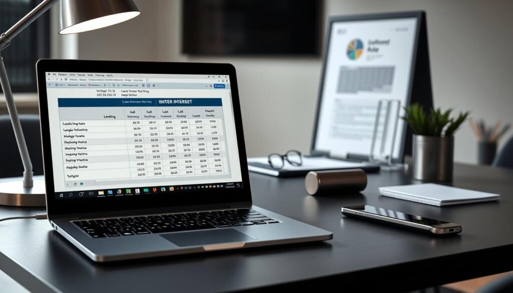 A sleek, modern office desktop showcasing a clean comparison of loan interest rates. In the foreground, a sophisticated laptop displays a spreadsheet with neatly organized data on lending options. Elegant metal accents and minimalist decor create an atmosphere of professionalism and financial expertise. Soft, directional lighting casts subtle shadows, guiding the viewer's focus to the detailed information on the screen. The middle ground features a few carefully placed documents and a stylish desk organizer, while the background maintains a blurred, neutral tone to avoid distractions. This image conveys a sense of informed decision-making and trustworthy financial guidance.