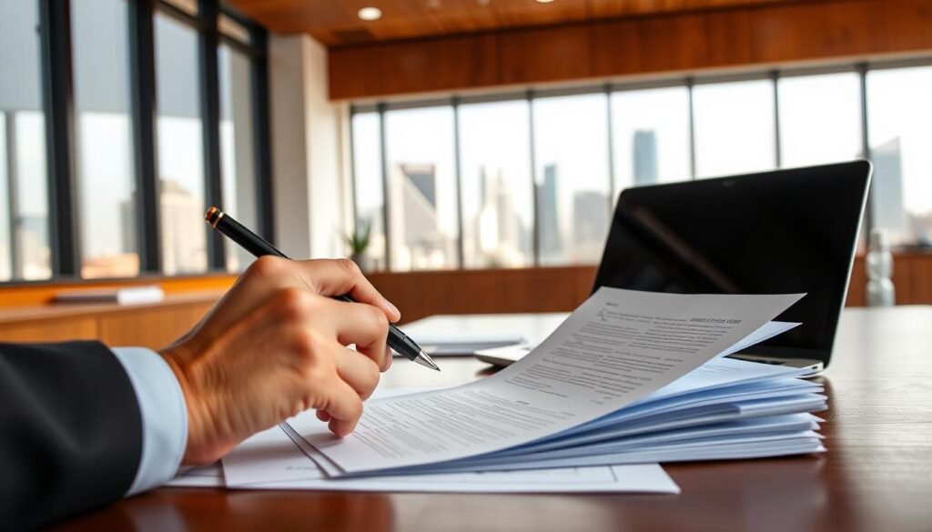 A well-lit office interior with a wooden desk, a laptop, and a stack of documents. In the foreground, a person's hand holding a pen and reviewing loan documents. The background features a wall with a large window, letting in soft natural light and providing a view of a bustling city skyline. The overall mood is professional and authoritative, conveying the importance and legitimacy of the subject matter. The image should evoke a sense of trust, reliability, and expertise in the field of personal lending.