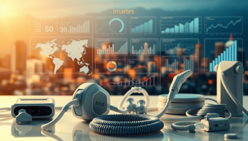 Detailed close-up scene of the iCareCPAP sleep apnea machine market trend. Displays a sleek, modern design in the foreground with various respiratory devices, hoses, and accessories arranged in an organized fashion. The middle ground showcases an array of statistical charts and graphs projecting market growth, demand fluctuations, and price dynamics. The background features a blurred cityscape, symbolizing the global supply chain and its impact on the sleep apnea machine industry. Soft, warm lighting creates a professional, data-driven atmosphere. Emphasis on the technical specifications, innovative features, and evolving consumer preferences shaping the iCareCPAP sleep apnea machine market trajectory.