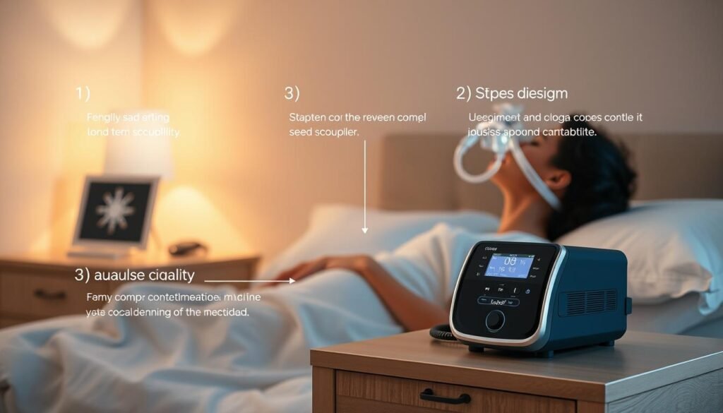 A detailed, step-by-step illustration of the proper usage of an iCareCPAP sleep apnea machine. Showcasing a person sitting upright in bed, carefully attaching the nasal mask and tubing, with a nightstand displaying the machine. Soft, warm lighting illuminates the scene, creating a calming, therapeutic atmosphere. The middle ground features the machine itself, its display and controls neatly organized. The background gently fades into a soothing, neutral color palette. Technical details such as the machine's sleek, modern design and high-quality construction emphasize its advanced capabilities. The overall composition guides the viewer through the essential steps for effective, long-term iCareCPAP usage.