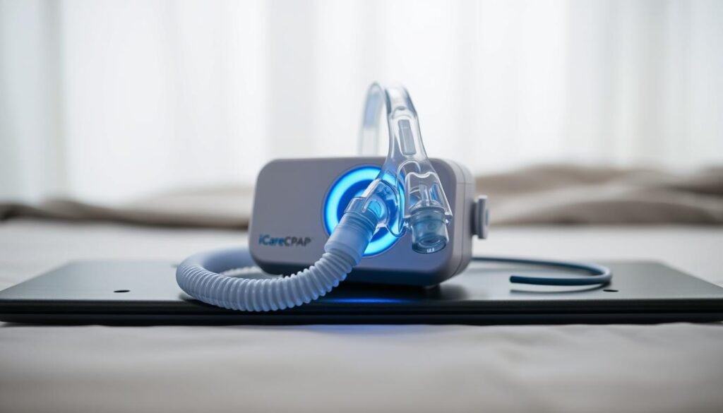 A high-quality medical sleep apnea device, the iCareCPAP machine, rests on a sleek black surface. The device's compact and modern design features a transparent mask attached to a curved hose, conveying its purpose as a crucial tool for improving respiratory health. Soft blue lighting emanates from the device, creating a soothing, clinical atmosphere. The background is blurred, allowing the iCareCPAP to be the focal point, emphasizing its importance in the context of sleep and breathing. The image conveys the device's crucial role in treating sleep apnea and its impact on overall well-being.