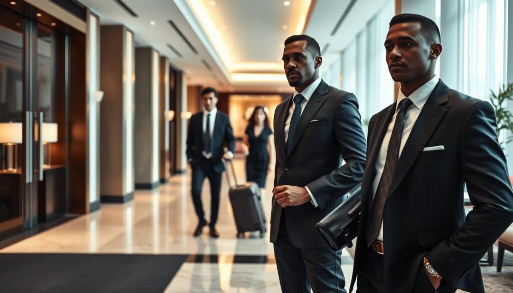 A modern hotel lobby scene showcasing a professional bodyguard in a tailored suit, strategically positioned near a sleek entrance. The foreground features the bodyguard attentively monitoring guests while holding a discreet communication device. In the middle ground, elegantly dressed hotel staff assist guests with luggage, creating a sense of hospitality. The background highlights the luxurious hotel ambiance with plush seating and contemporary decor. Soft, ambient lighting enhances the sophisticated atmosphere while maintaining focus on security. The angle captures a dynamic view, emphasizing the bodyguard's vigilance and readiness. The scene conveys a blend of professionalism, safety, and tranquility in a high-end environment.