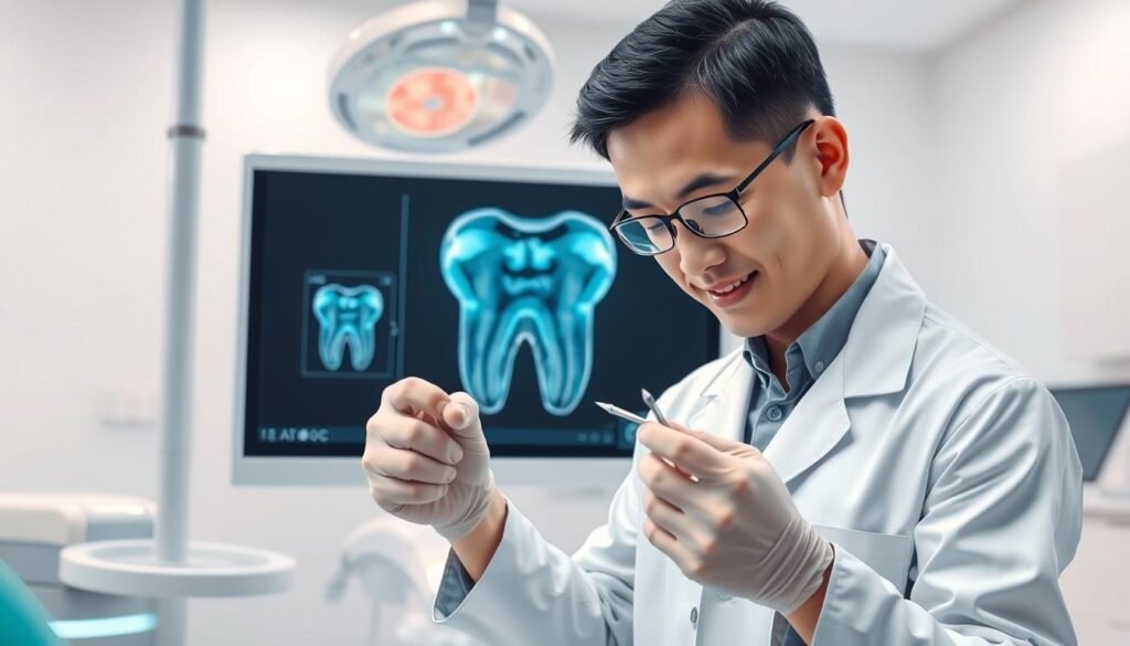 A detailed illustration of a dental scene focused on the concept of "杜牙根原理" in root canal treatment. In the foreground, depict a dental professional, a middle-aged Asian male in a lab coat, carefully measuring root canal length with precision instruments. In the middle ground, include a high-tech dental X-ray machine displaying a digital root canal image on its screen, showcasing the intricate anatomy of teeth. In the background, illustrate a bright and sterile dental clinic environment with soft, diffused lighting that conveys a sense of calm and professionalism. The mood is focused and educational, demonstrating the importance of accurate root canal treatment monitoring without distractions or clutter.