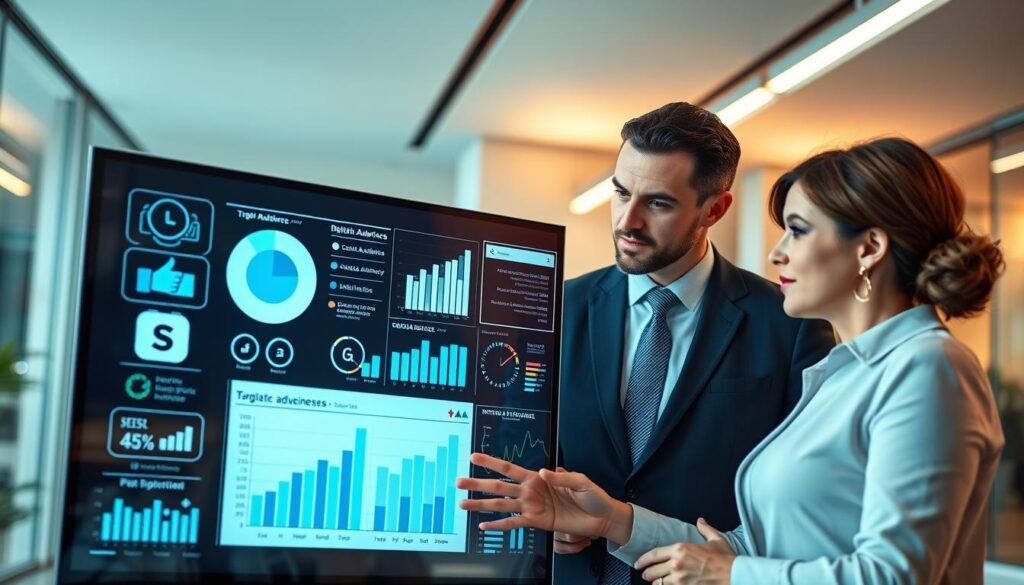 A digital advertising strategy visualization featuring two professional individuals in business attire, strategizing over a large screen displaying various digital ad metrics and analytics. In the foreground, they are engaged and focused, with the screen illuminating their faces. The middle ground showcases charts and graphs representing target audience segments, along with icons of social media platforms and digital devices. The background includes a modern office environment with a sleek design, soft ambient lighting highlighting the collaborative atmosphere. The mood is dynamic and productive, emphasizing the importance and impact of targeted advertising in reaching high-intent audiences. The overall color palette is professional, with blues, whites, and greens to convey trust and innovation.