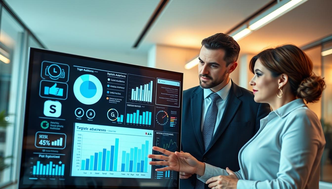 A digital advertising strategy visualization featuring two professional individuals in business attire, strategizing over a large screen displaying various digital ad metrics and analytics. In the foreground, they are engaged and focused, with the screen illuminating their faces. The middle ground showcases charts and graphs representing target audience segments, along with icons of social media platforms and digital devices. The background includes a modern office environment with a sleek design, soft ambient lighting highlighting the collaborative atmosphere. The mood is dynamic and productive, emphasizing the importance and impact of targeted advertising in reaching high-intent audiences. The overall color palette is professional, with blues, whites, and greens to convey trust and innovation.