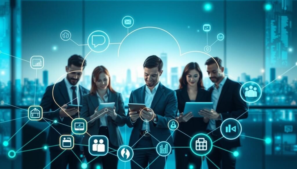 A modern cloud collaboration platform interface surrounded by abstract elements symbolizing teamwork and progress. In the foreground, vibrant icons representing communication tools like chat, video conferencing, and file sharing are interconnected by glowing lines. The middle layer features a diverse group of professionals in business attire, focused on tablets and laptops, engaging with the platform. The background reveals a panoramic view of a digital city skyline with floating data streams, emphasizing a futuristic tech environment. Soft blue and green lighting sets an inspiring and innovative mood, while a shallow depth of field enhances the clarity of the foreground details. The image captures the essence of collaboration and the power of cloud technology in a corporate setting.