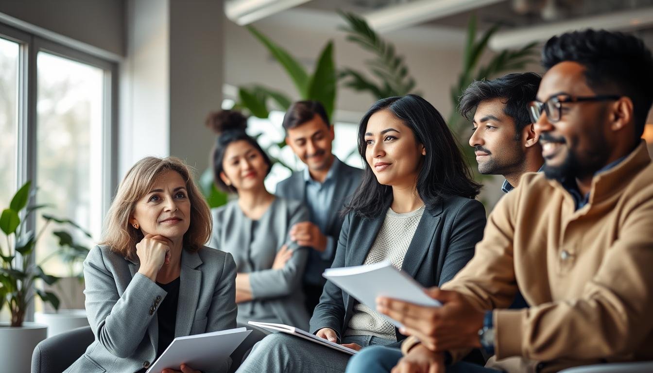 A serene office setting focusing on a diverse group of professionals engaging in a supportive conversation. In the foreground, a middle-aged woman in business attire sits with a thoughtful expression, holding a notebook. Beside her, a younger man in smart casual clothing leans in, demonstrating empathy. In the middle, a group of colleagues, including a woman of Asian descent and a man of African descent, engage in a group discussion, showing diverse emotional responses. The background features soft light filtering through large windows, highlighting plants that symbolize growth and healing. The atmosphere is warm and inviting, evoking a sense of hope and resilience in the face of challenges associated with post-traumatic stress. The angle is slightly elevated, allowing for a clear view of the interactions and expressions.