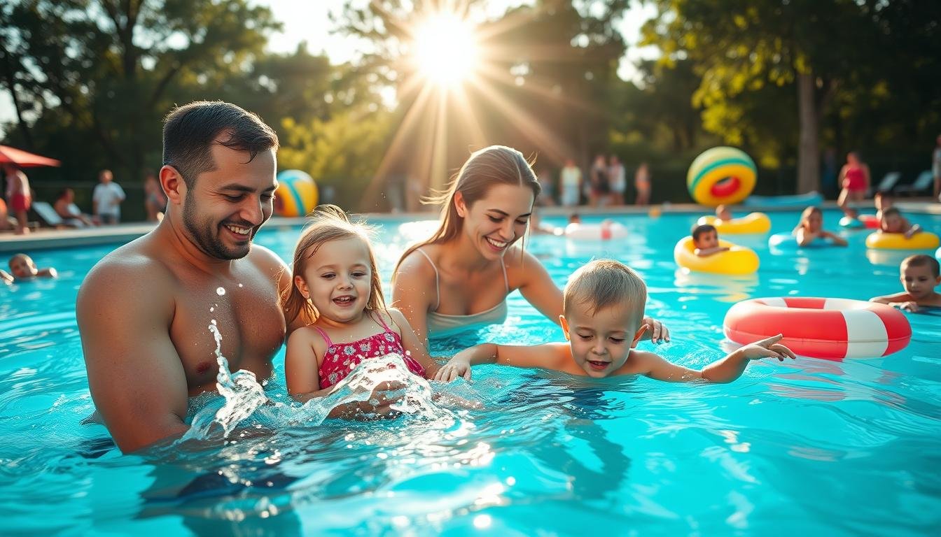 A vibrant scene capturing a family-friendly swimming event, showcasing parents and children engaged in various activities around a pool. In the foreground, a father and daughter are playfully splashing each other, both wearing modest casual swim attire with bright expressions of joy. The middle ground features a mother assisting her son in learning to float, emphasizing family bonding and encouragement. They are surrounded by colorful pool floats and inflatable toys. In the background, the sun filters through trees, creating a warm, inviting atmosphere, while other families enjoy the day. Bright blue water reflects the sun’s rays, enhancing the cheerful mood. The scene is shot from a low angle, focusing on the interaction and laughter, with soft natural lighting to evoke a sense of summer joy and togetherness.