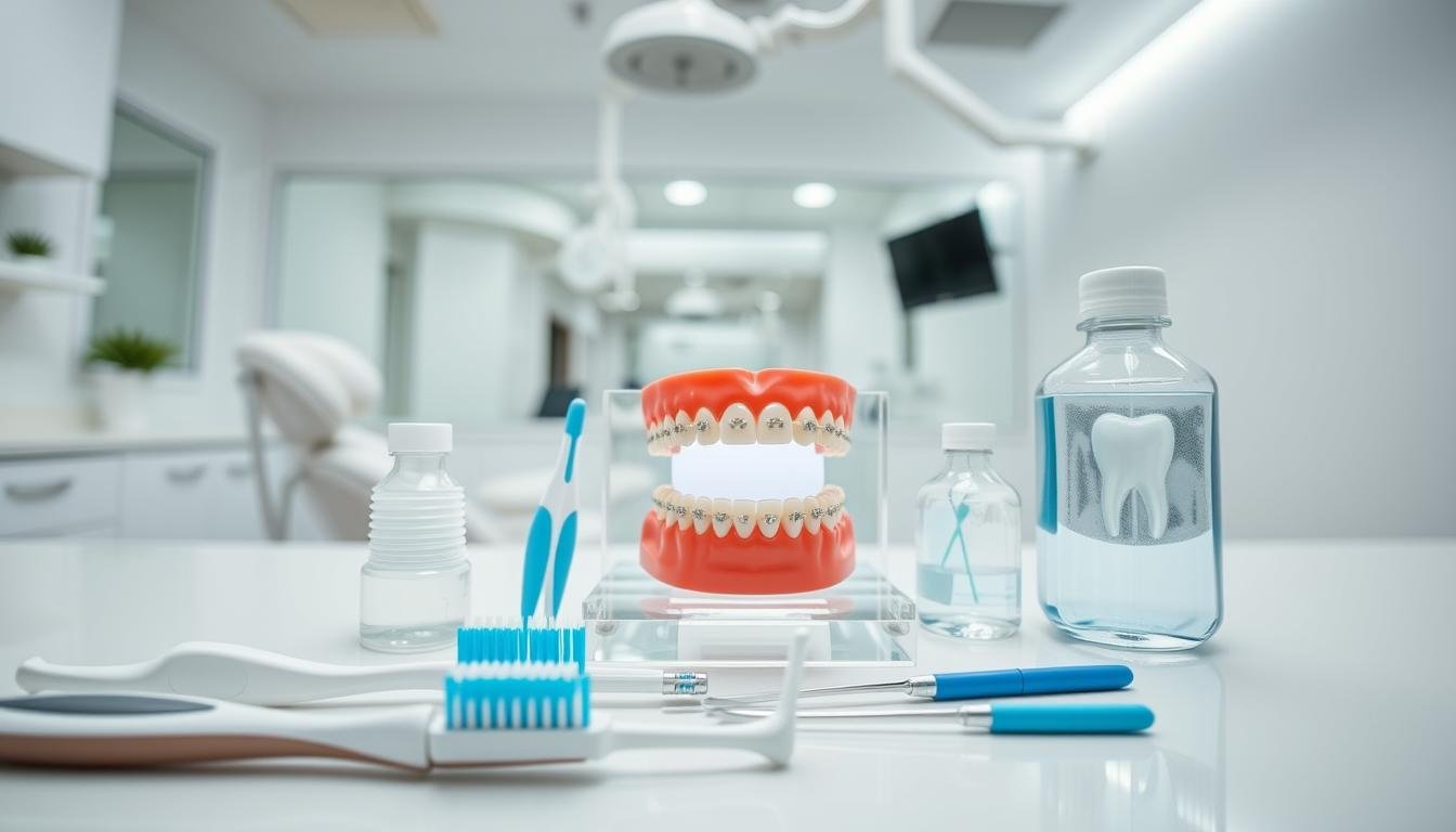 A bright, well-lit dental office setting, showcasing an array of orthodontic oral hygiene tools neatly arranged on a clean countertop. In the foreground, a toothbrush with special bristles designed for braces, dental floss, interdental brushes, and a mouthwash bottle are prominently featured. The middle ground includes a model of dental braces on a clear acrylic display, illustrating proper cleaning techniques. In the background, a dental chair and a large mirror reflect a calm and professional ambiance, highlighting the importance of dental care. Soft overhead lighting enhances the cleanliness of the space, creating a reassuring atmosphere for patients. The image should evoke a sense of care and professionalism, suitable for conveying essential dental hygiene practices during orthodontic treatment.