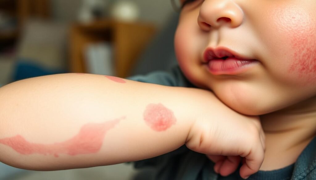 A close-up image depicting a young child experiencing eczema symptoms on their skin, showcasing typical signs of redness, swelling, and itching. The child's skin should be prominently featured, illustrating the inflamed areas around the elbows and cheeks. Capture the child in a cozy home environment, with soft natural lighting to enhance the textures of the skin. The focus should be on the emotional expression of the child, conveying discomfort yet innocence. Use a shallow depth of field to blur the background softly, emphasizing the skin's condition. The overall mood should be empathetic and informative, aiming to raise awareness about eczema in infants, while maintaining a respectful and sensitive portrayal.