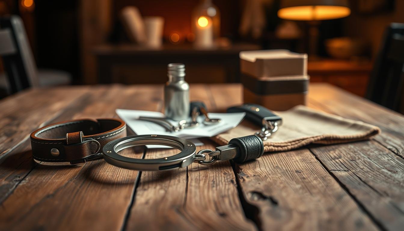 A detailed comparison of various materials used for SM handcuffs, arranged aesthetically on a softly lit, rustic wooden table. In the foreground, display three distinct types of handcuffs: leather, metal, and fabric, each with contrasting textures and colors. The middle layer features elegant tools and accessories commonly associated with the selection of SM gear, such as safety scissors and instructional materials, subtly placed around the handcuffs. The background is softly blurred, revealing warm, ambient lighting that creates a cozy and intimate atmosphere. Capture the mood with a slight vignette, emphasizing the items as the central focus, and use a 4:3 aspect ratio to enhance the visual narrative of careful consideration in choosing SM handcuffs.