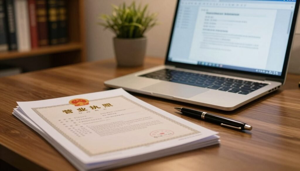 A professional office desk scene focusing on legal compliance documents and an operating license for a business, specifically a sex shop. The foreground features a stack of neatly arranged papers, including a business license and compliance guidelines, with a stylish pen resting beside them. In the middle, a laptop displays an open folder containing digital copies of the documents, glowing softly under warm light. The background includes a bookshelf with legal texts and a potted plant, creating a cozy, welcoming atmosphere. The overall lighting is warm and inviting, evoking a sense of professionalism and clarity, captured in a cinematic composition with a 4:3 aspect ratio.