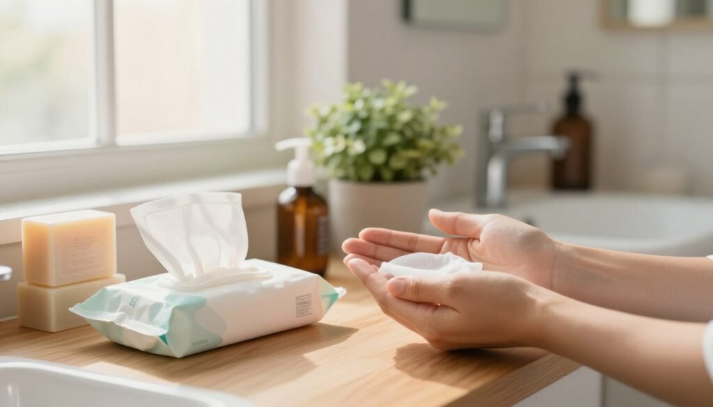 A serene bathroom setting emphasizing the importance of hygiene and health, featuring a neatly arranged selection of personal care items, like gentle wipes and natural soaps, on a wooden countertop. In the foreground, a pair of clean, professional hands is holding a product with care, demonstrating a hygienic practice. Soft, warm lighting filters through a frosted window, casting a gentle glow over the scene. The middle ground showcases a potted plant, symbolizing wellness and vitality. In the background, blurred elements of a clean, inviting space, conveying a sense of peace and cleanliness. The overall mood is calming and educational, with soft color tones that promote a healthy lifestyle, framed in a 4:3 aspect ratio.