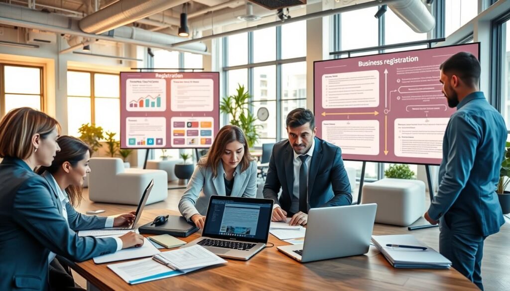 A visually engaging and informative scene depicting the registration process of an unlimited company, set in a modern office environment. In the foreground, a diverse group of professionals in business attire are collaborating over a table filled with documents, laptops, and a laptop showing digital registration forms. In the middle ground, large screens display graphics and flowcharts illustrating the registration steps and business registration procedures. The background features an open office setting with sleek furniture, plants, and large windows letting in natural light, creating a bright and optimistic atmosphere. The image should convey professionalism, clarity, and a sense of progress, captured with a shallow depth of field to focus on the group at work.