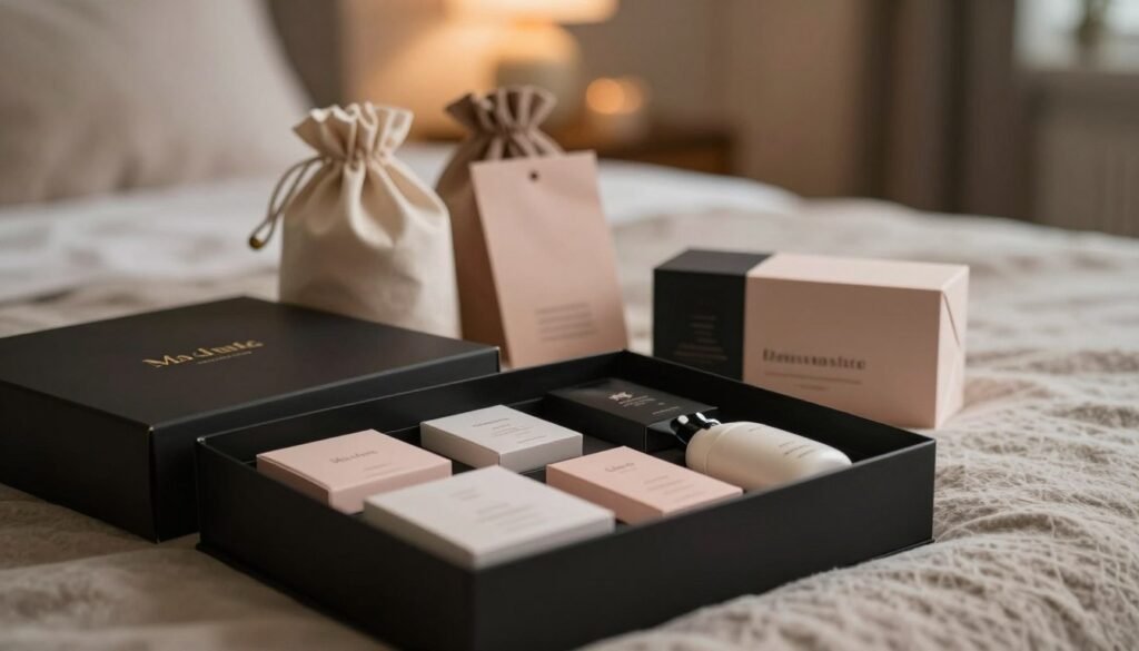 A beautifully arranged display featuring elegant packaging of intimate products designed for privacy protection. In the foreground, a sleek, matte-black box is opened slightly, showcasing discreet, stylishly designed adult items, all tastefully displayed. The middle ground holds subtle hints of luxury, like soft fabric bags and premium paper wraps, emphasizing confidentiality. The background is softly blurred, hinting at a cozy, romantic ambiance with warm lighting casting a gentle glow. The setting is a refined bedroom with muted colors, enhancing the intimate atmosphere. The composition should evoke feelings of sophistication and safety, shot from a slightly elevated angle to create depth. The overall mood is warm and inviting, perfect for an adults-only article.