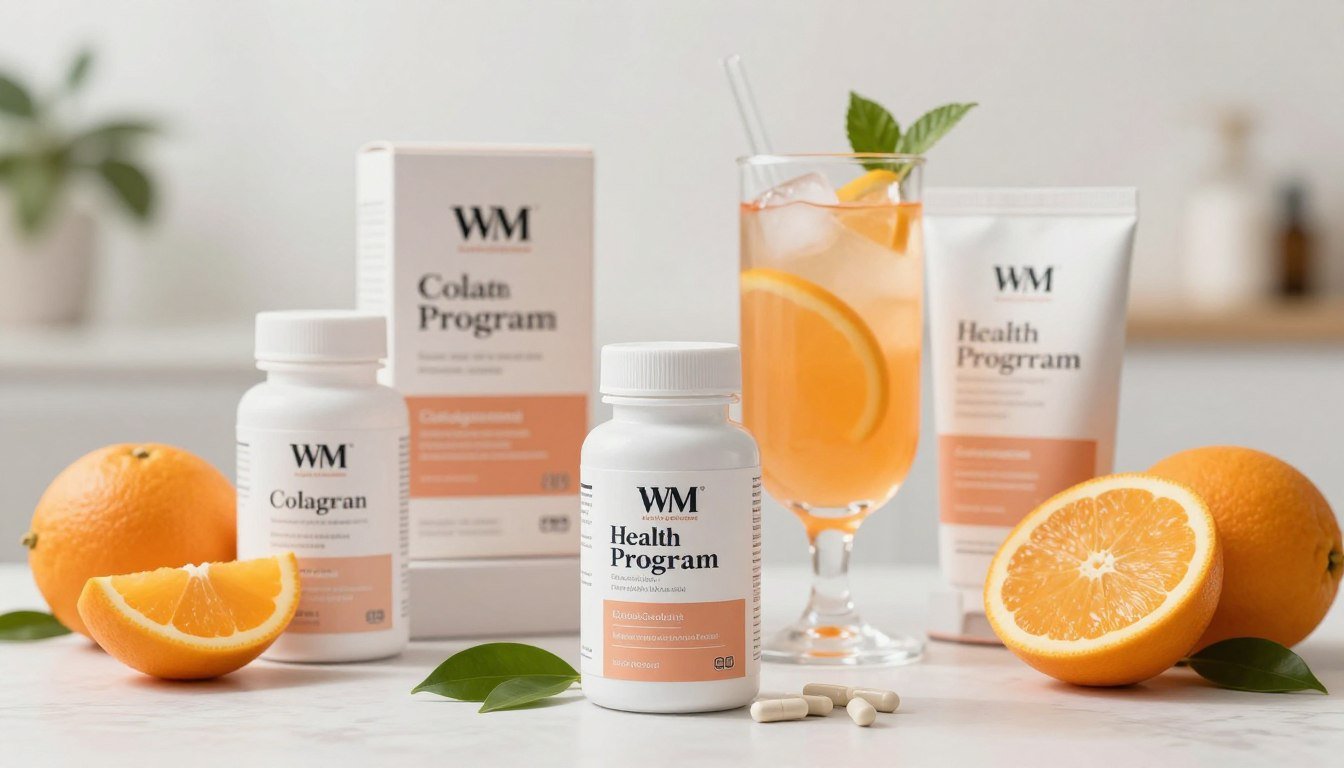 A beautifully arranged display of skincare products labeled as "WM Health Program," prominently featuring collagen supplements in elegant packaging. In the foreground, highlight a sleek, modern bottle of collagen, surrounded by fresh ingredients like citrus fruits and leaves that symbolize health and rejuvenation. In the middle, showcase a stylish glass filled with a refreshing collagen drink, giving a vibrant and inviting look. The background features a bright and inviting spa-like setting, with soft natural lighting that enhances the calming atmosphere. The mood is uplifting and motivational, showcasing the benefits of collagen supplementation for all ages. The composition should evoke a sense of well-being and emphasize the importance of choosing quality health products.