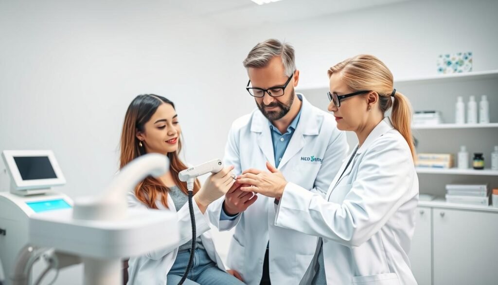A clean, modern clinical setting with bright, soft lighting that conveys a sense of professionalism and care. In the foreground, a dermatologist in a white lab coat is attentively using a laser device to treat a patient’s skin, focusing on the wart removal process. The patient, dressed in modest casual attire, looks calm and reassured. In the middle ground, medical equipment such as a laser machine and treatment tools are present, emphasizing the advanced technology used in dermatology. The background features shelves with medical books and skin care products, reinforcing the educational aspect of dermatology. Capture a sense of safety and trust in the atmosphere, highlighting the importance of professional skin care treatments over folklore remedies.