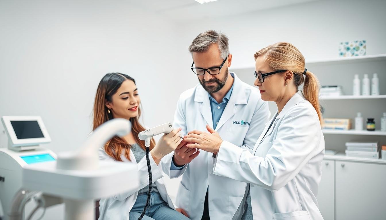 A clean, modern clinical setting with bright, soft lighting that conveys a sense of professionalism and care. In the foreground, a dermatologist in a white lab coat is attentively using a laser device to treat a patient’s skin, focusing on the wart removal process. The patient, dressed in modest casual attire, looks calm and reassured. In the middle ground, medical equipment such as a laser machine and treatment tools are present, emphasizing the advanced technology used in dermatology. The background features shelves with medical books and skin care products, reinforcing the educational aspect of dermatology. Capture a sense of safety and trust in the atmosphere, highlighting the importance of professional skin care treatments over folklore remedies.