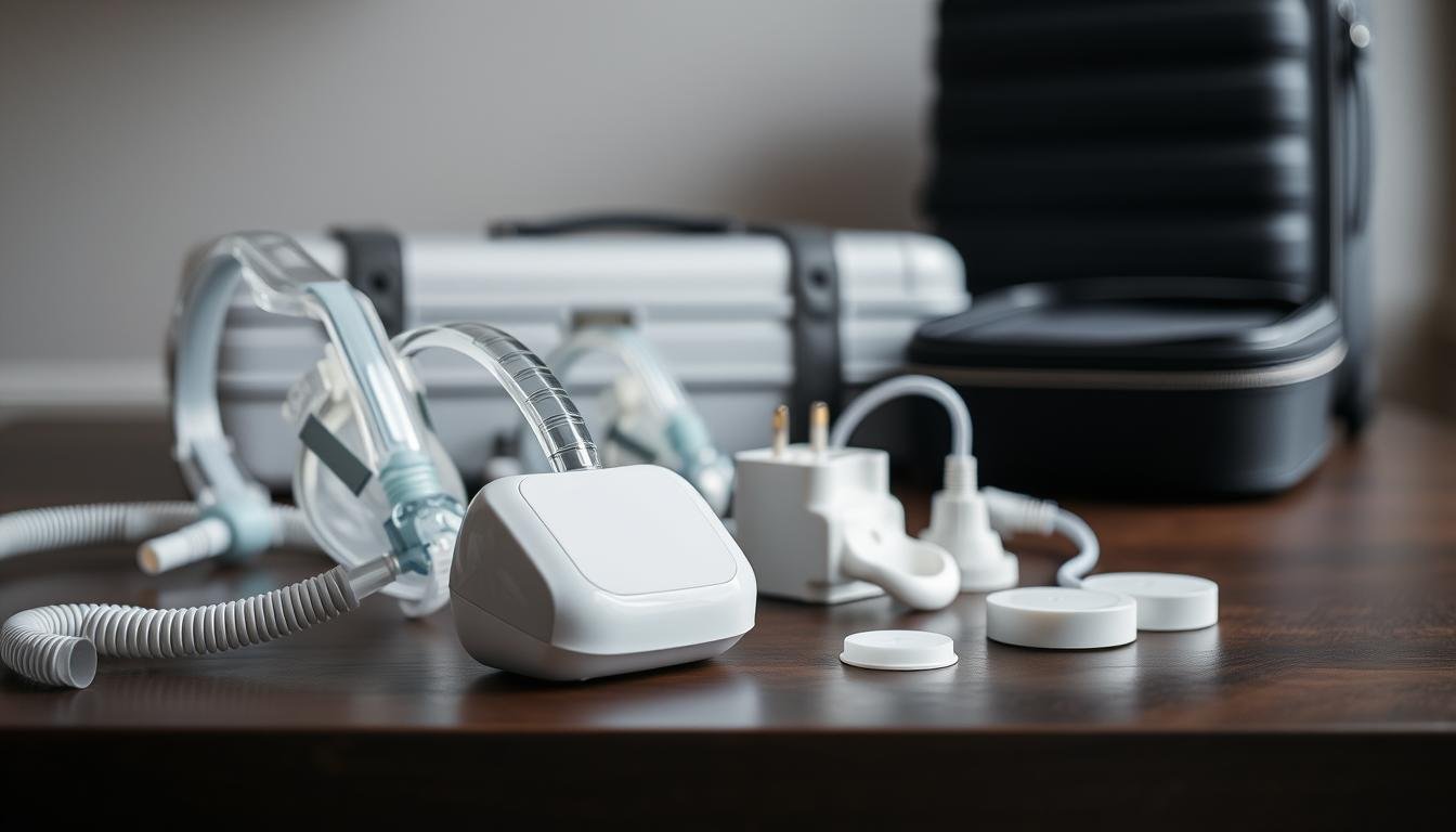 A detailed close-up of various travel accessories for a compact sleep apnea machine, arranged aesthetically on a dark wooden surface. In the foreground, show a lightweight, sleek travel CPAP device with different masks and flexible tubing. The middle ground features a portable power adapter compatible with international voltages, neatly placed beside additional nasal cushions and a compact carrying case. In the background, softly blurred, suggest a minimalist luggage setup suggesting a business travel theme. Use soft, diffused lighting to create a calm and professional atmosphere. The overall mood should evoke a sense of organization and readiness for travel, with an emphasis on the importance of choosing the right accessories for a seamless experience on the go.