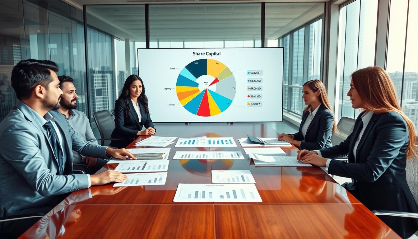 A professional business meeting scene depicting the concept of corporate share structure and capital allocation. In the foreground, a diverse group of four professionals—two men and two women—dressed in formal business attire, are gathered around a polished conference table covered with financial documents and charts illustrating share capital and issuance quantities. The middle layer features a large, detailed pie chart on a digital screen behind them, clearly visualizing share distribution among stakeholders. In the background, a modern office with glass walls and a view of a bustling city skyline conveys a sense of ambition and growth. The lighting is bright and natural, with soft shadows to create a welcoming atmosphere that encourages collaboration and strategic discussion.