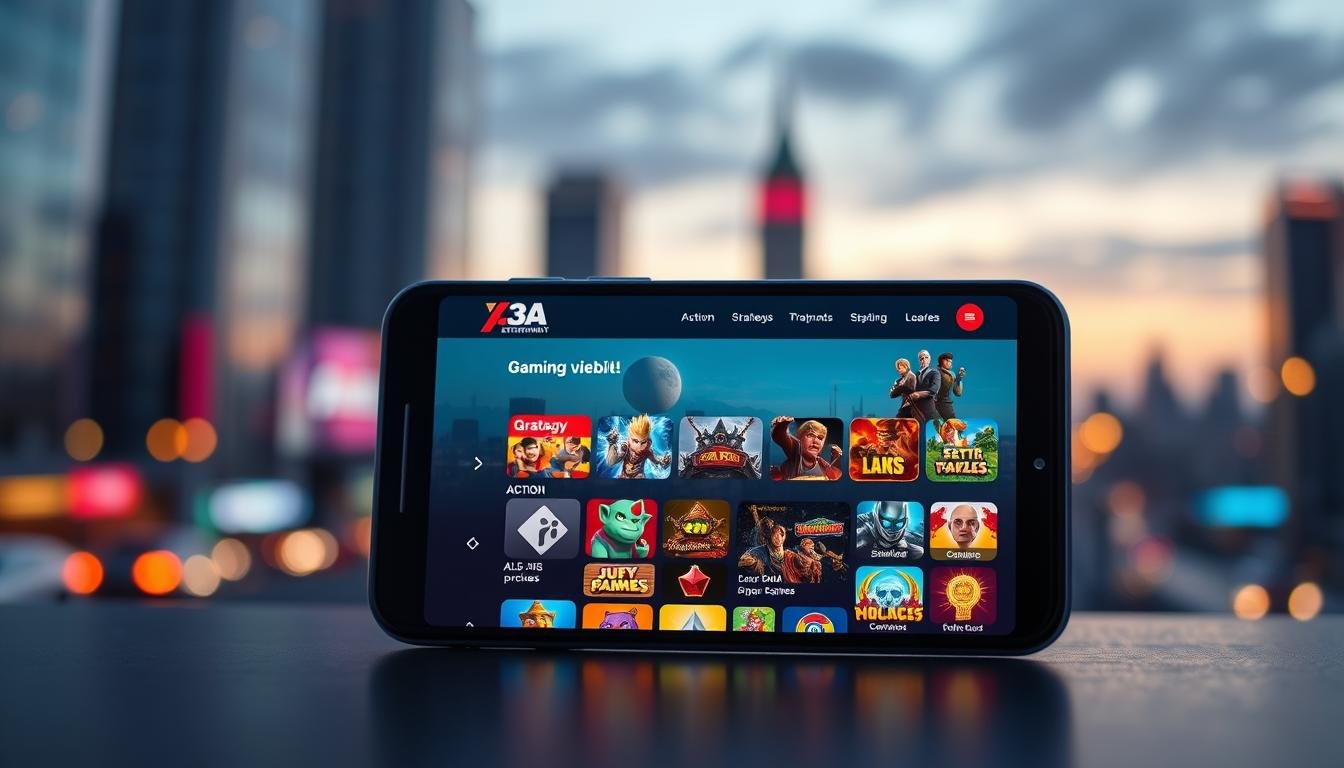 A sleek, modern interface showcasing the variety of 3A entertainment gaming options, featuring a user-friendly design. In the foreground, include vibrant icons representing different game genres such as action, strategy, and puzzles, arranged on a smartphone screen. The middle layer should depict a responsive design, showing the website adapting seamlessly to various mobile devices. The background should feature a blurred cityscape at dusk, with soft, ambient lighting creating a warm and inviting atmosphere. Use a slight angle to suggest depth, and ensure colors are vibrant yet harmonious. The mood should be engaging and dynamic, reflecting the excitement of entertainment choices available on the platform, while avoiding any text or branding elements.