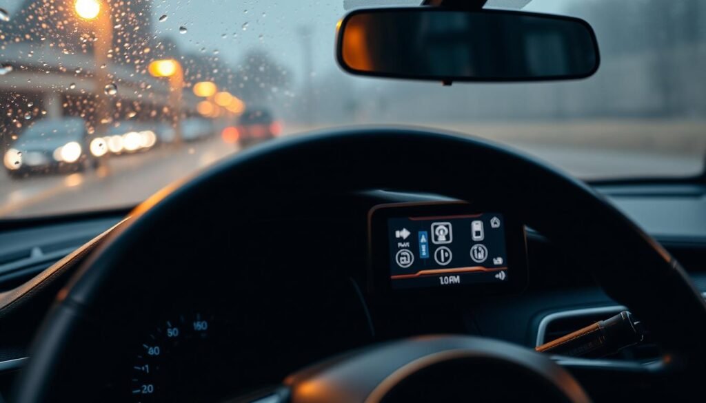 A close-up view of a car's dashboard, featuring the display screen showing a digital interface for checking the status of the dashcam after heavy rain. The foreground focuses on the illuminated screen, displaying icons related to camera functions, with a hint of fog indicating moisture. The middle layer includes the steering wheel, with the vehicle's interior materials subtly lit, suggesting a cozy yet technical atmosphere. In the background, the blurred outlines of the car's front and rear view mirrors can be seen, evoking a sense of immediacy in checking for condensation. The lighting is soft and warm, creating a professional and diligent vibe, emphasizing the importance of ensuring camera effectiveness. A close-up view of a car's dashboard, featuring the display screen showing a digital interface for checking the status of the dashcam after heavy rain. The foreground focuses on the illuminated screen, displaying icons related to camera functions, with a hint of fog indicating moisture. The middle layer includes the steering wheel, with the vehicle's interior materials subtly lit, suggesting a cozy yet technical atmosphere. In the background, the blurred outlines of the car's front and rear view mirrors can be seen, evoking a sense of immediacy in checking for condensation. The lighting is soft and warm, creating a professional and diligent vibe, emphasizing the importance of ensuring camera effectiveness.